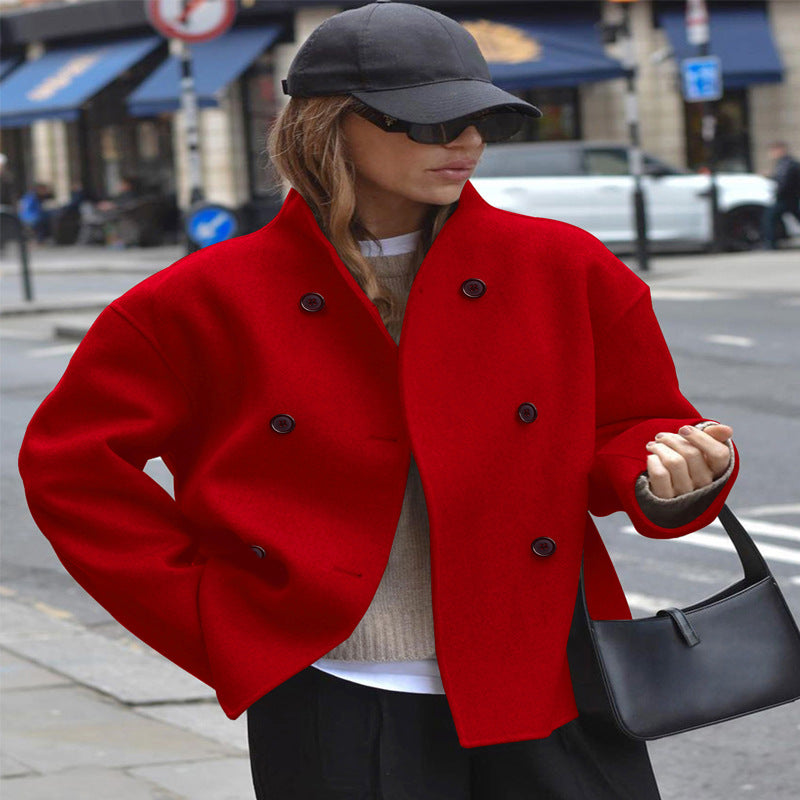 Damen modische Wolljacke mit doppelter Knopfleiste und hohen Kragen Drune