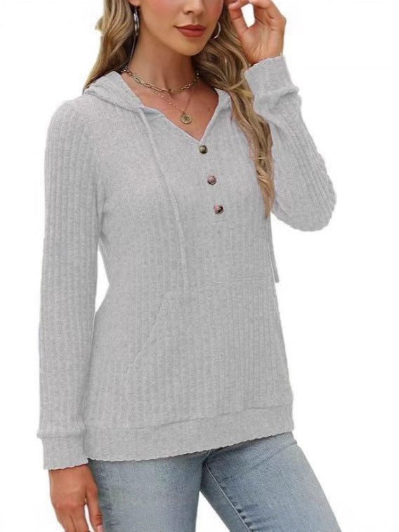 Damen kuscheliger Kapuzenpullover mit Knopfleiste und seitlichen Taschen Drune