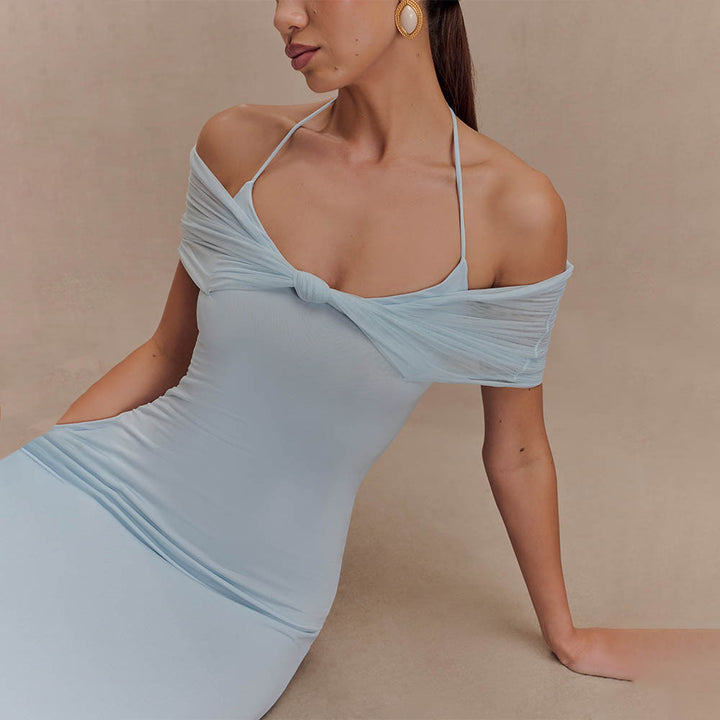 Damen Elegantes Maxi-Kleid mit schulterfreien Raffungen Drune