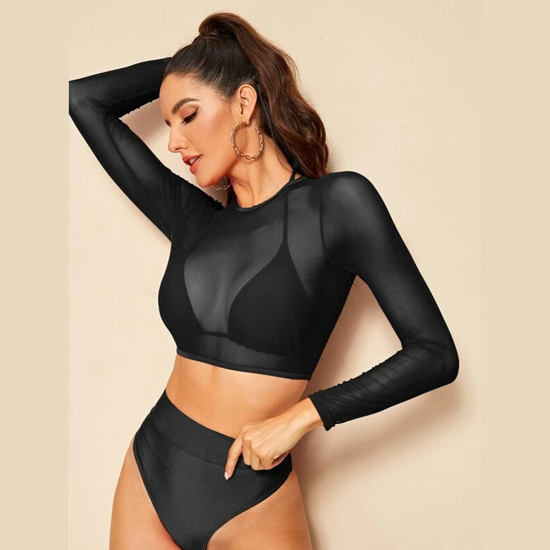 Damen Sport-Bikini-Set mit Langarm-Oberteil und Hoher Taille Drune