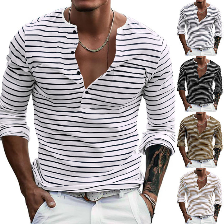 Herren nan gestreiftes Henley-Langarmshirt mit schmaler Knopfleiste, leichtem Baumwollstretch und lässigem Regular Fit Drune