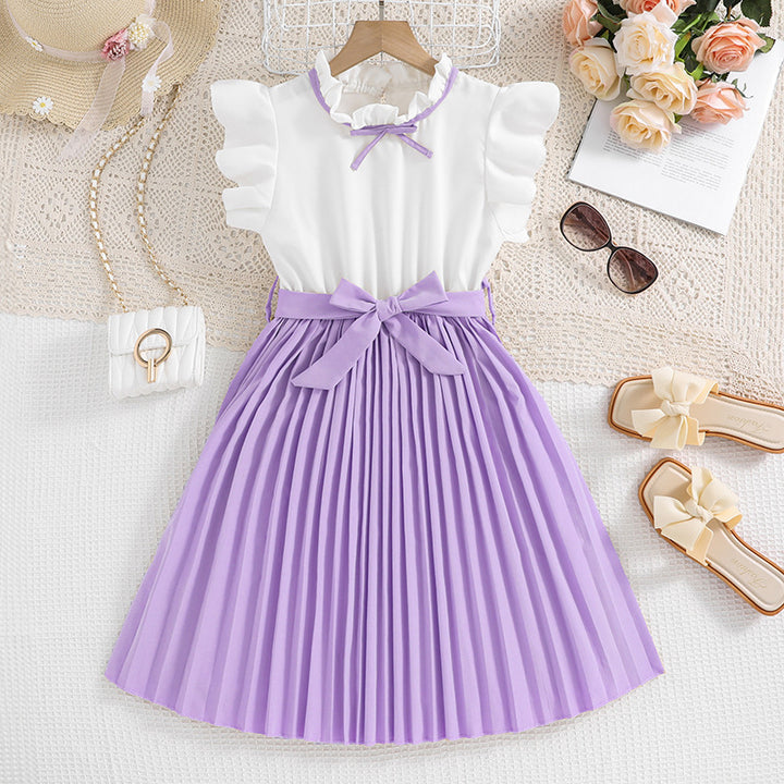 Mädchen Faltenrockkleid mit Puffärmeln und Taillenknoten Drune
