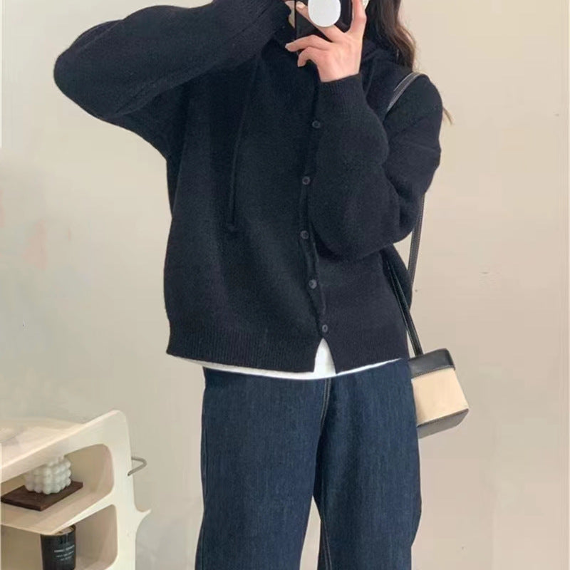 Damen kuschelige Strickjacke mit Kapuze und Knopfverschluss Drune