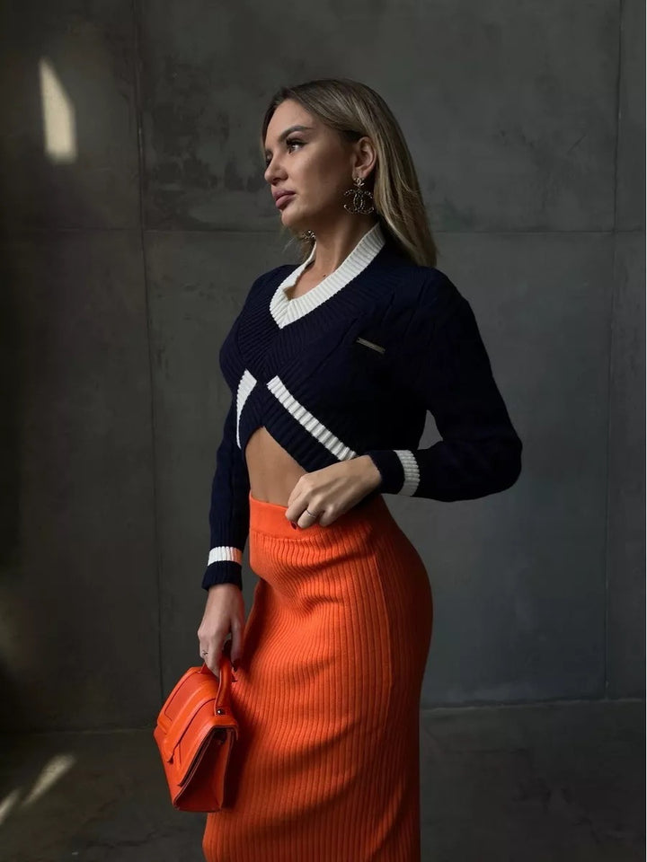 Damen Cropped Strickpullover mit V-Ausschnitt und Kontraststreifen Drune