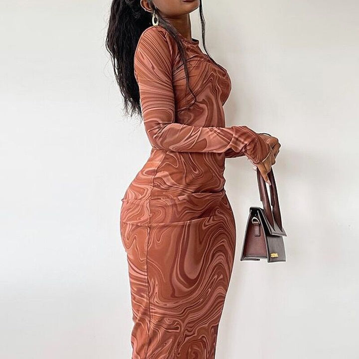 Damen Elegantes Maxikleid mit modernem Marmormuster und figurbetontem Schnitt Drune