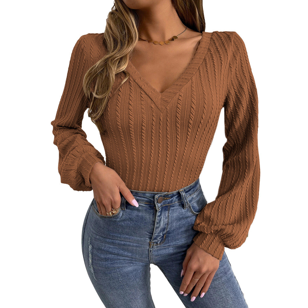 Damen Strickbody mit V-Ausschnitt und eleganten Puffärmeln Drune