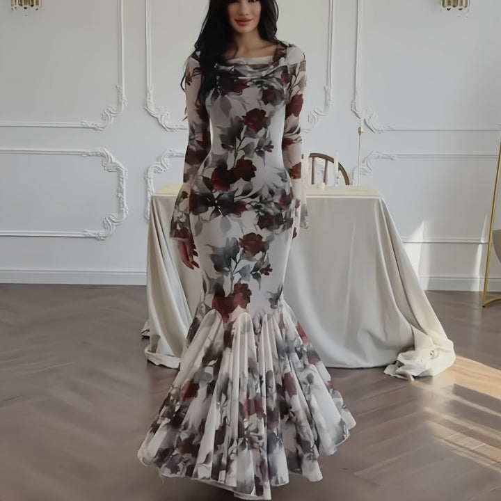 Drune | Blumenmuster Langarm Langrock Kleid