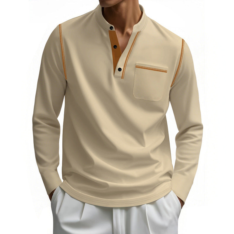 Herren nan Henley-Langarmshirt mit Stehkragen, Brusttasche und kontrastierenden Ziernähten Drune