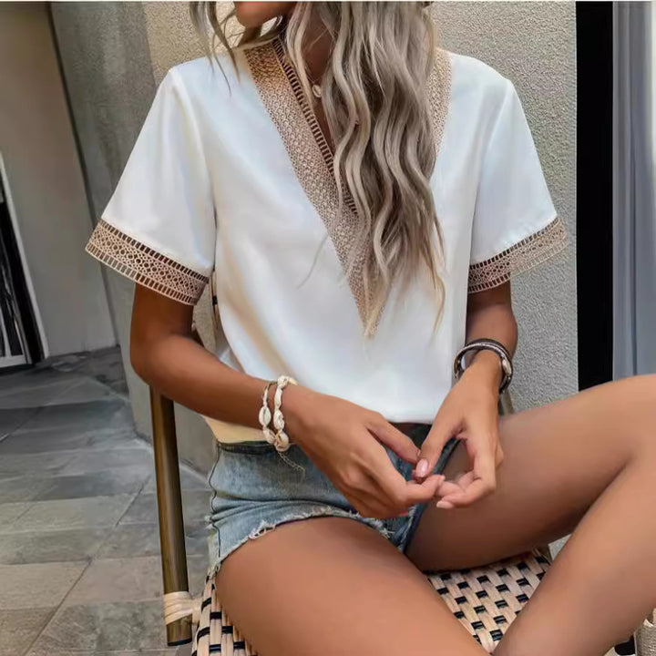 Damen Modische Bluse mit V-Ausschnitt und Spitzenbesatz Drune