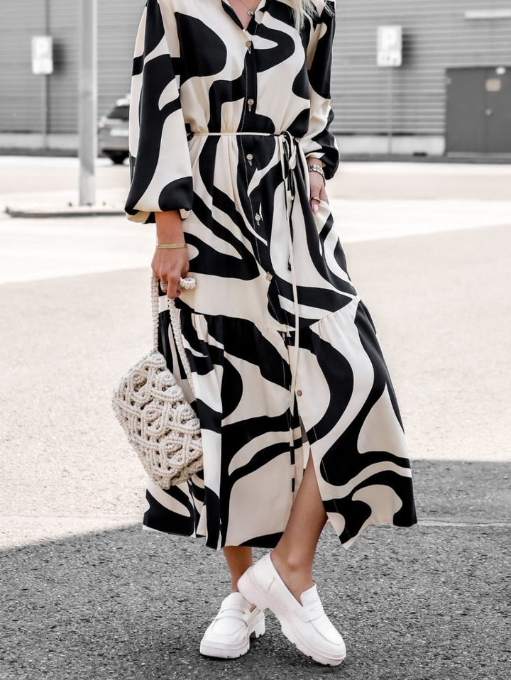 Damen Langarm Hemdblusenkleid mit modischem Muster und Taillengürtel Drune