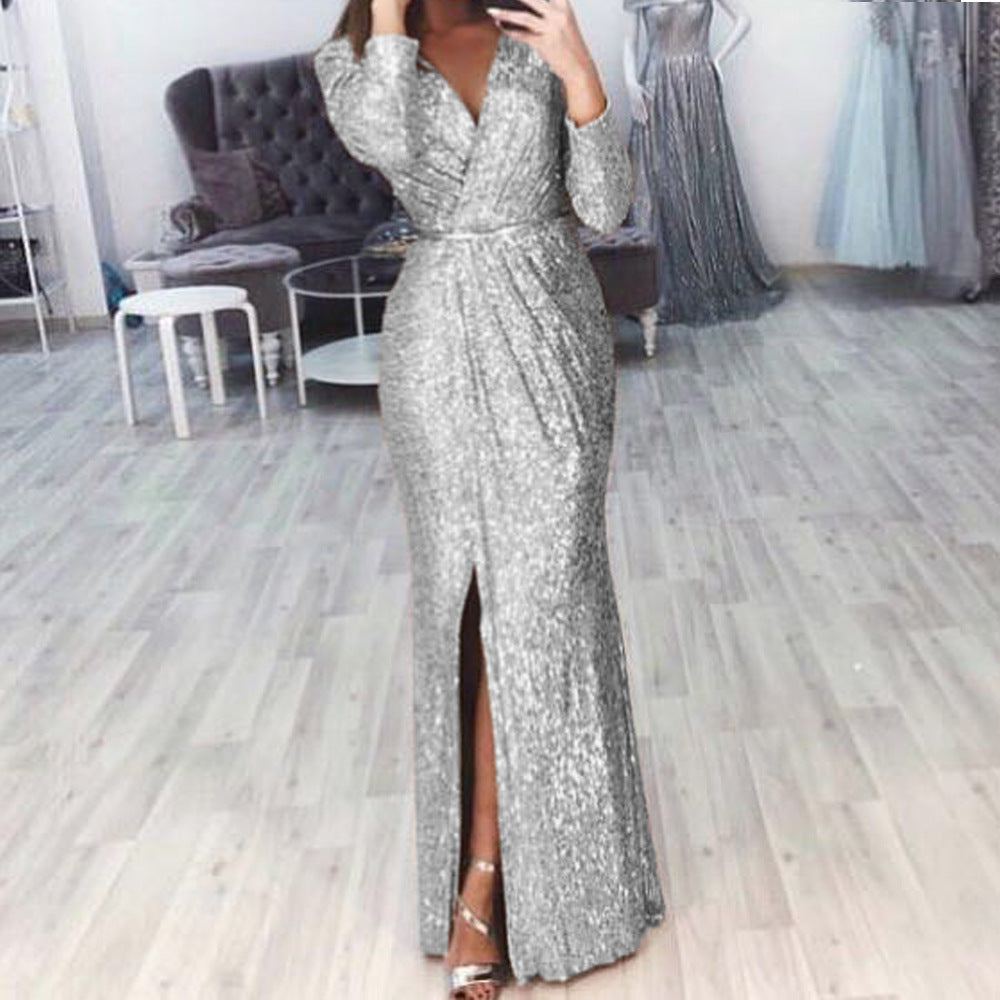 Damen langes Abendkleid mit elegantem Wickelschnitt und Schlitz Drune