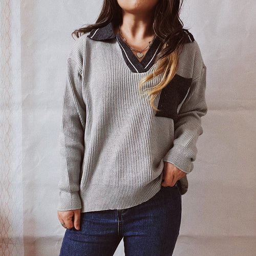 Damen lässiger V-Ausschnitt Pullover mit strukturiertem Rippdesign und kontrastierendem Kragen Drune