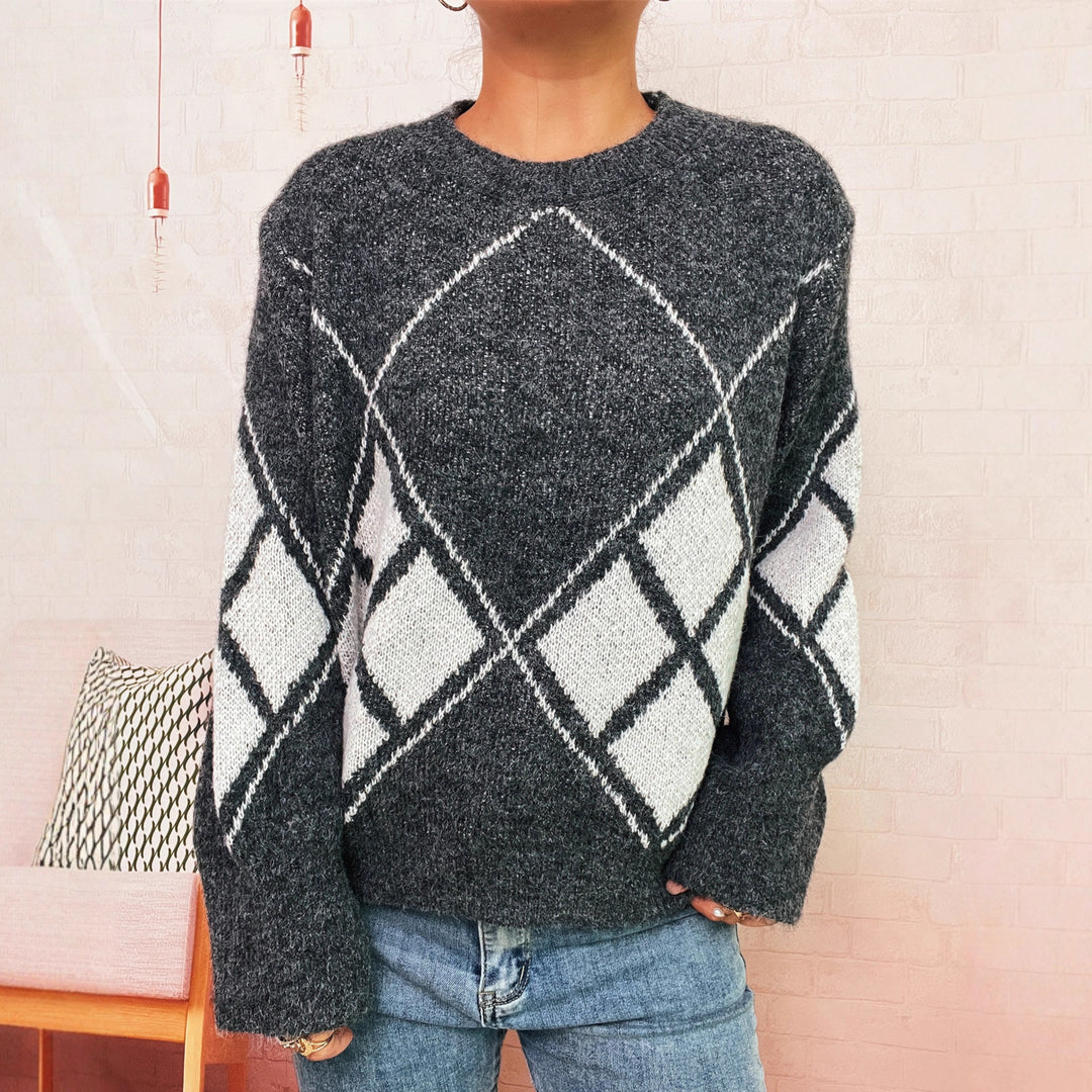Damen Strickpullover mit modernem Karomuster Drune