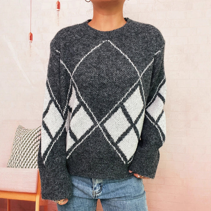 Damen Strickpullover mit modernem Karomuster Drune