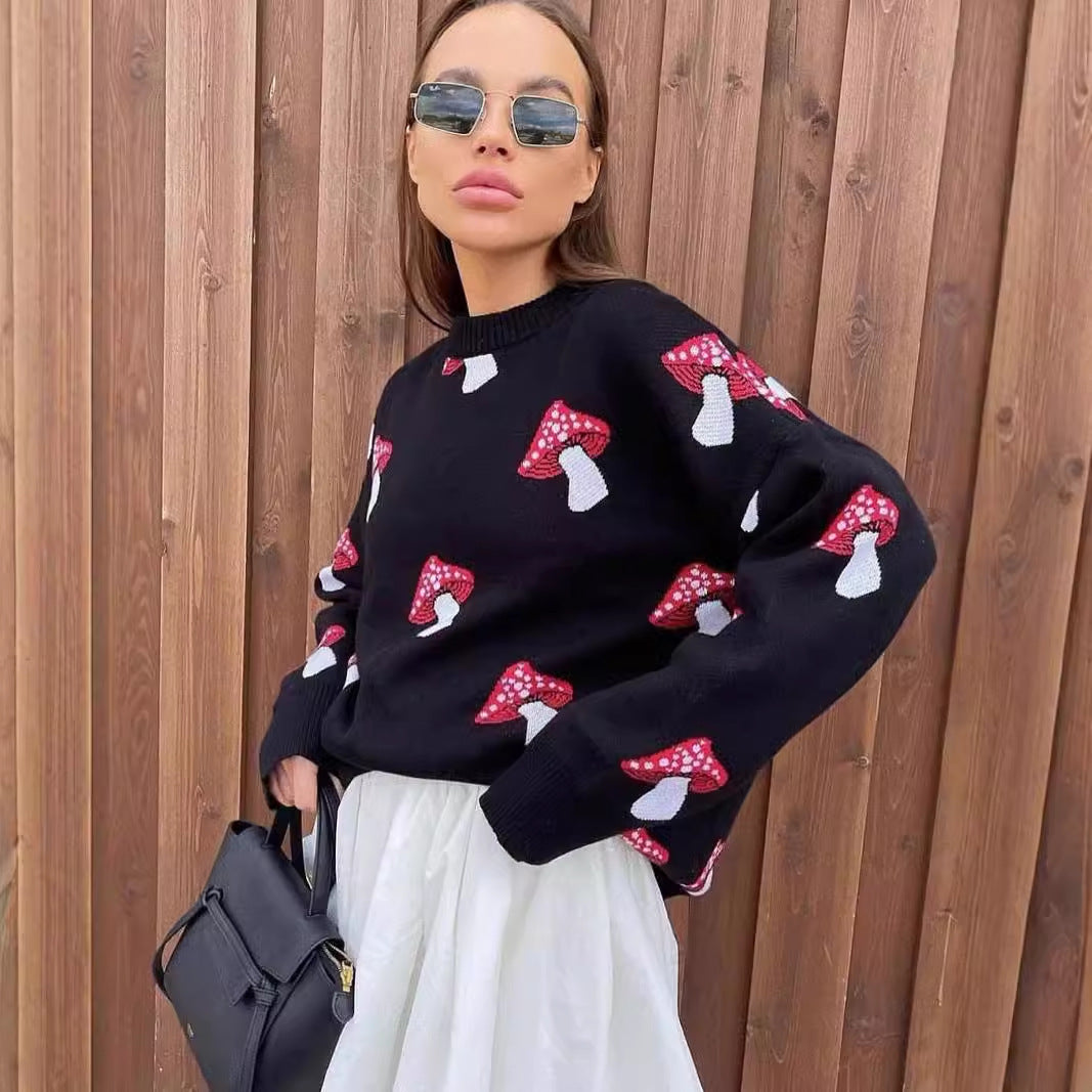 Damen Strickpullover mit verspieltem Pilzmotiv Drune
