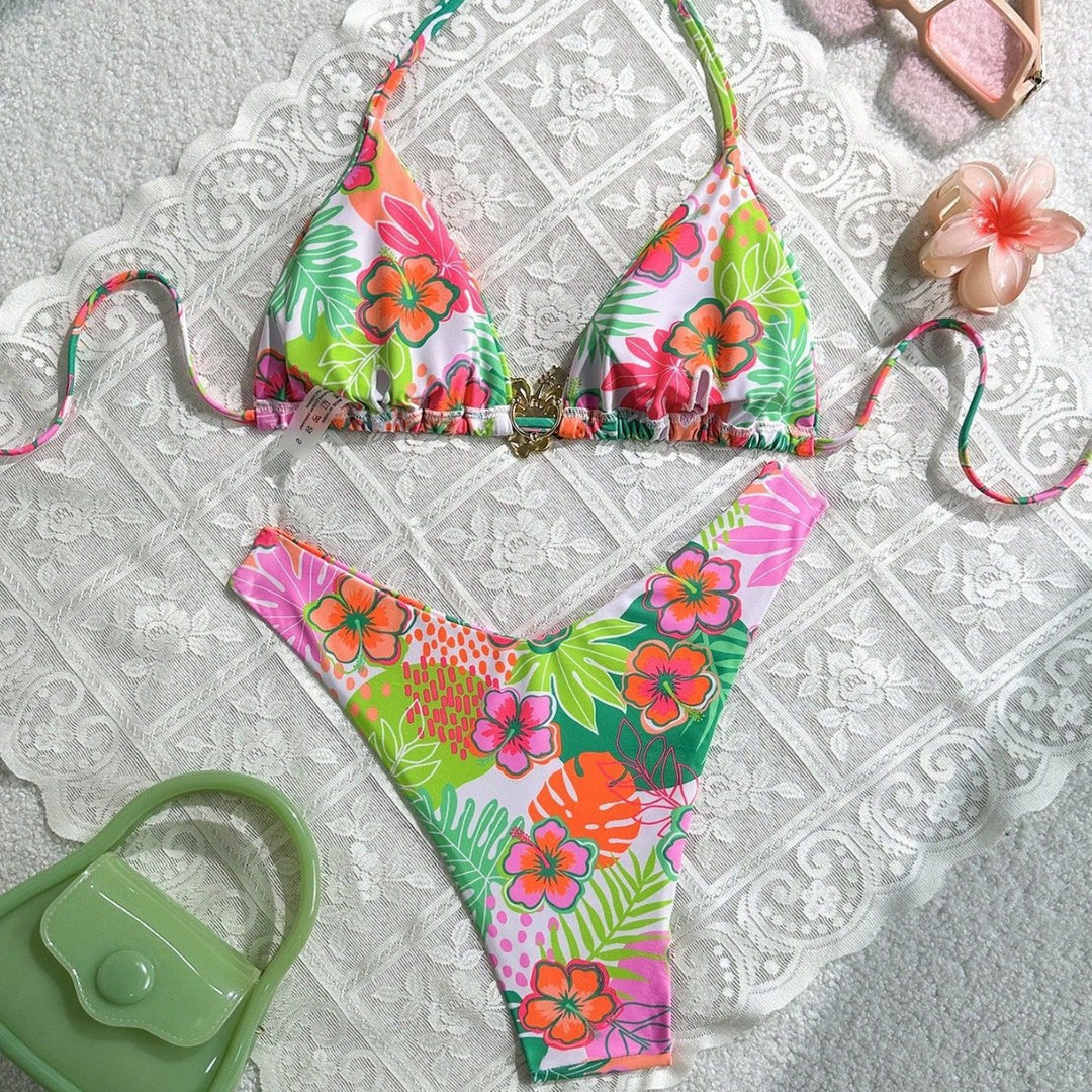 Damen Triangel-Bikini mit farbenfrohem Blumendesign Drune