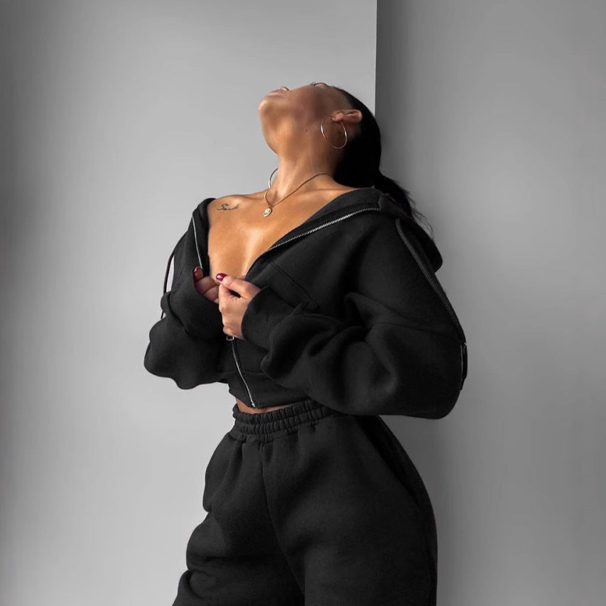Damen lässiges Fleece-Loungewear-Set mit cropped Jacke und elastischer Hose Drune