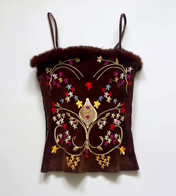 Damen Samt-Blusentop mit floralen Stickereien Drune