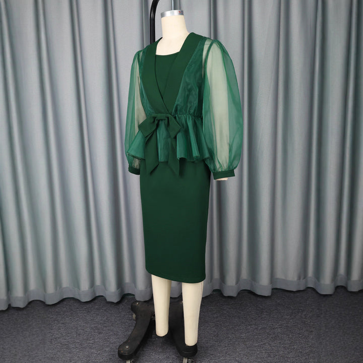 Damen elegantes Kleid mit transparentem Ärmel und tailliertem Gürtel Drune