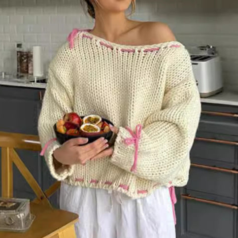 Damen lässiger Pullover mit offener Schulter und dekorativem Bindegürtel Drune