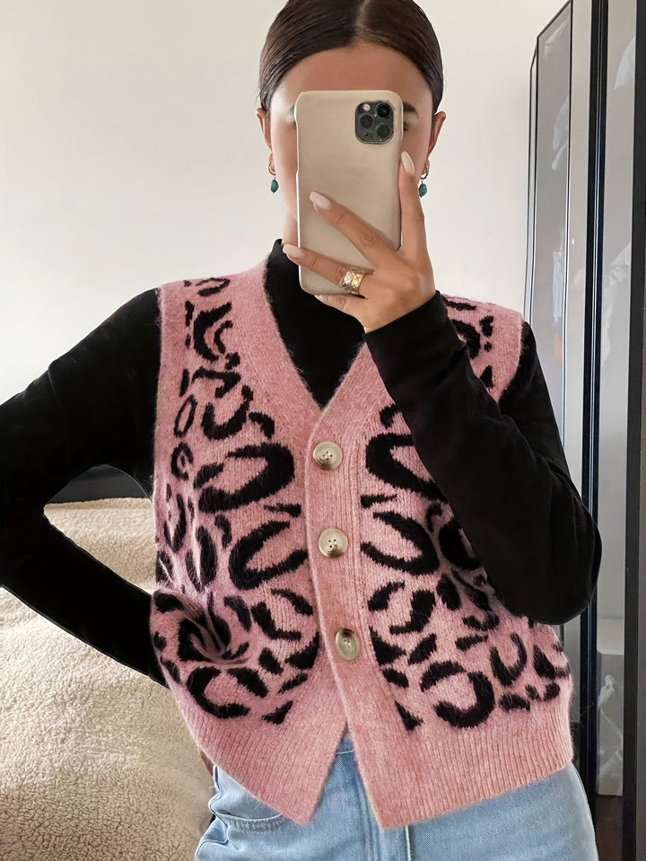 Damen Strickweste mit elegantem Leoprint und hochwertigen Knöpfen Drune