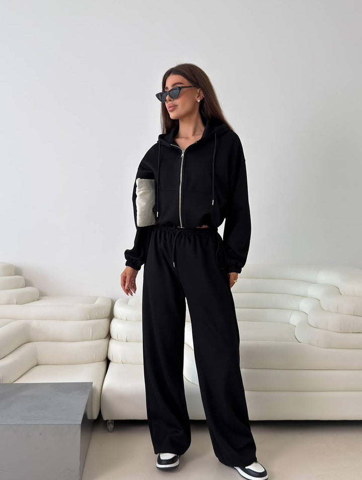 Damen modischer Hoodie mit kurzem Schnitt und passenden Jogginghosen Drune