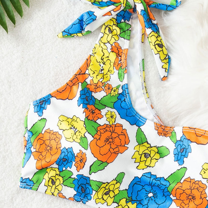 Damen Einseitiger Bikini mit floralem Design und verstellbarem Träger Drune