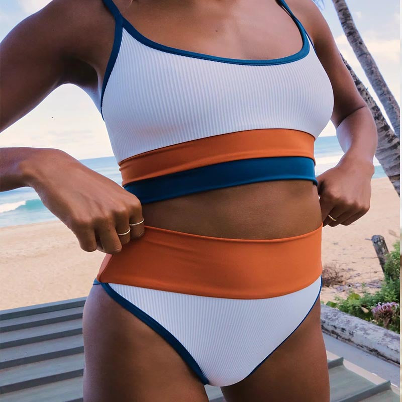 Damen Hoch tailliertes Bikini-Set mit modischen Blockstreifen Drune