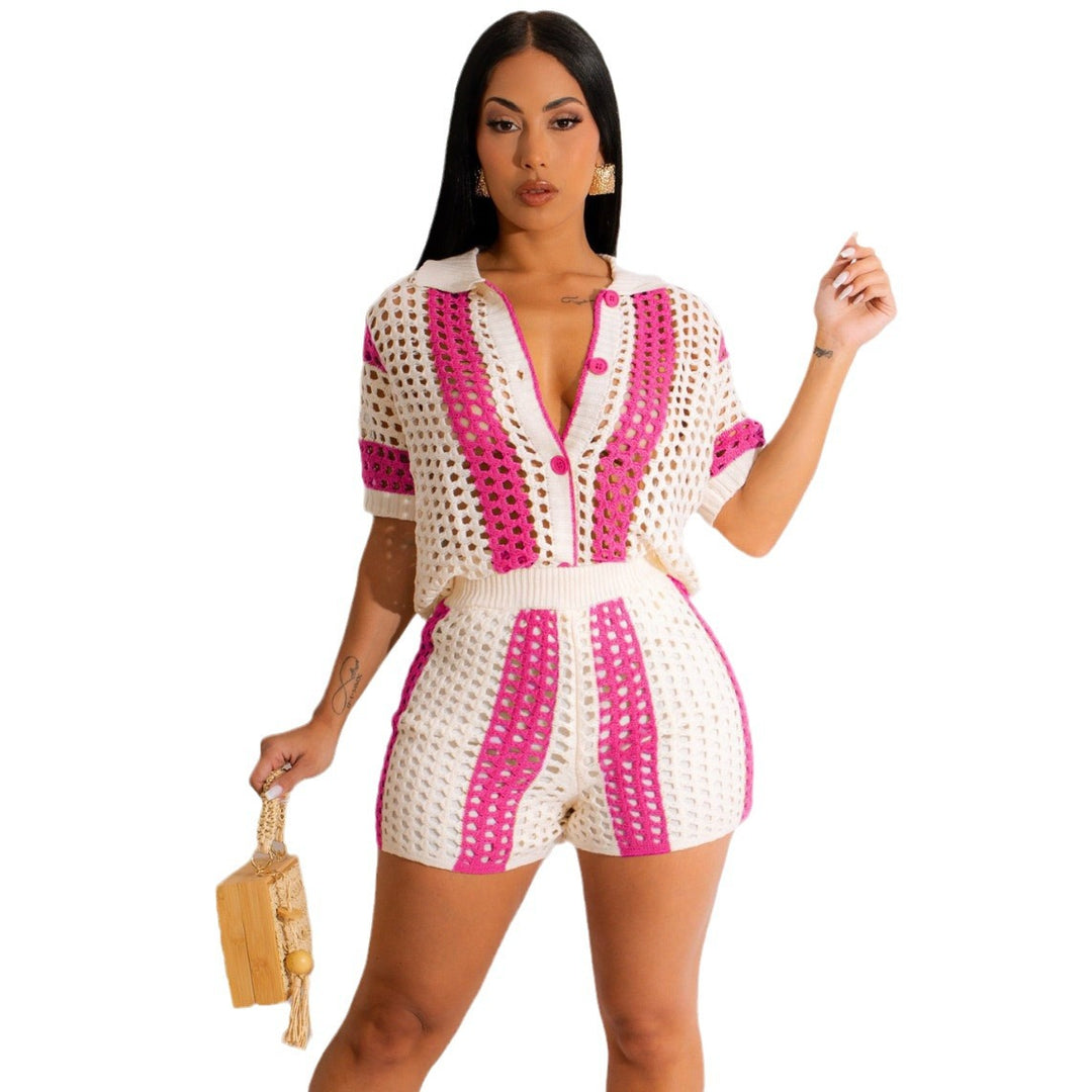 Damen luftiges Strick-Set mit trendy Häkelmuster Drune