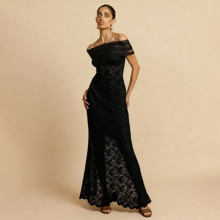 Damen Spitzen-Maxikleid mit schulterfreiem Design und elegantem Drapierungseffekt Drune