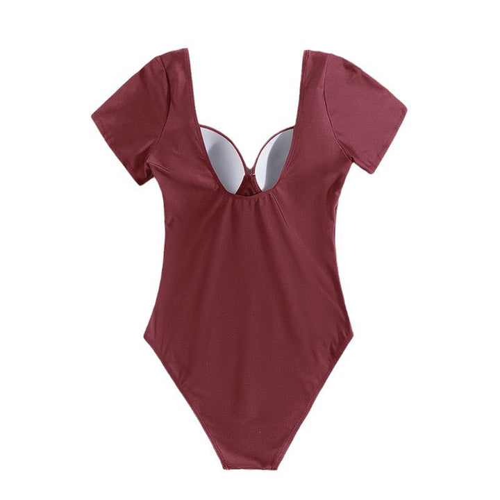 Damen Einteiler Badeanzug mit eleganten Kurzärmel und tiefem V-Ausschnitt Drune