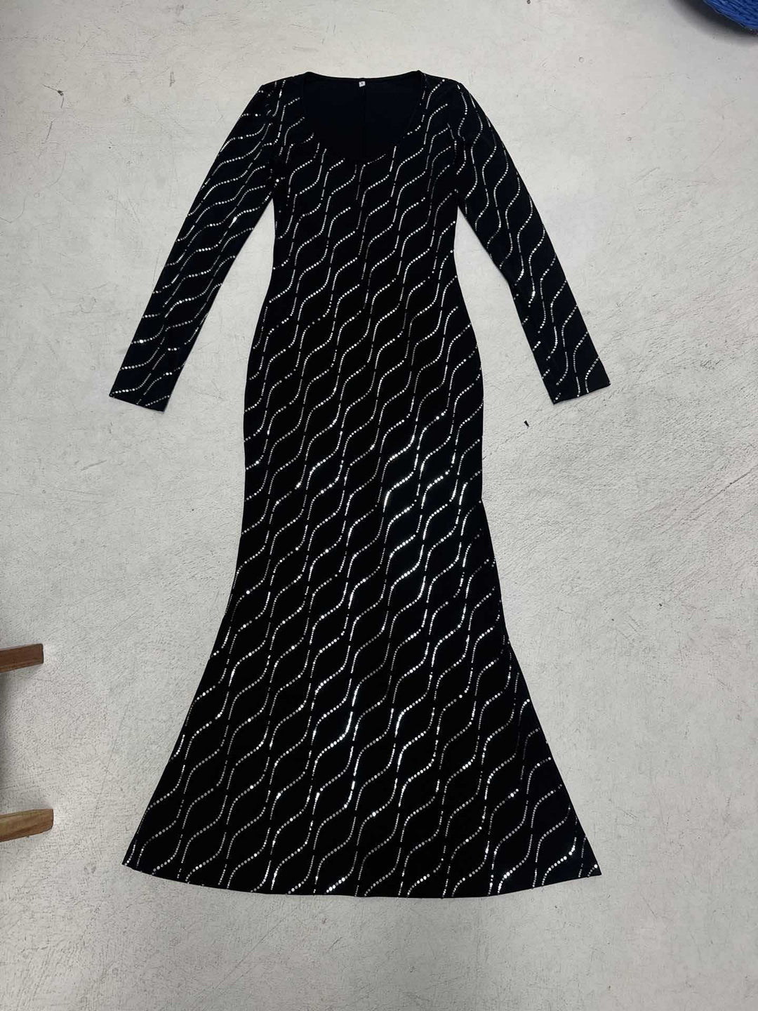 Damen nan langärmeliges Bodycon-Mermaid-Abendkleid mit Wellen-Strassbesatz Drune