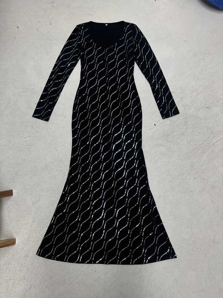 Damen nan langärmeliges Bodycon-Mermaid-Abendkleid mit Wellen-Strassbesatz Drune