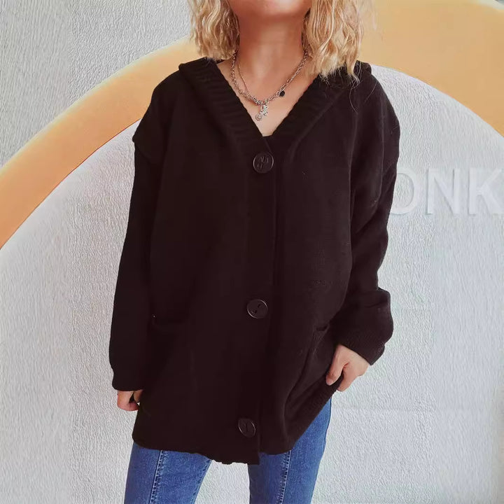 Damen bequeme Strickjacke mit Kapuze und praktischen Taschen Drune