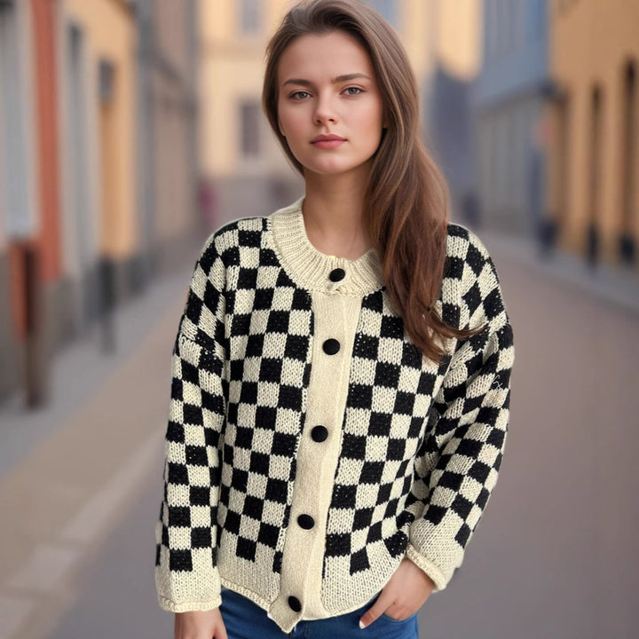 Damen gemusterte Strickjacke mit großen Knöpfen und lockerem Schnitt Drune