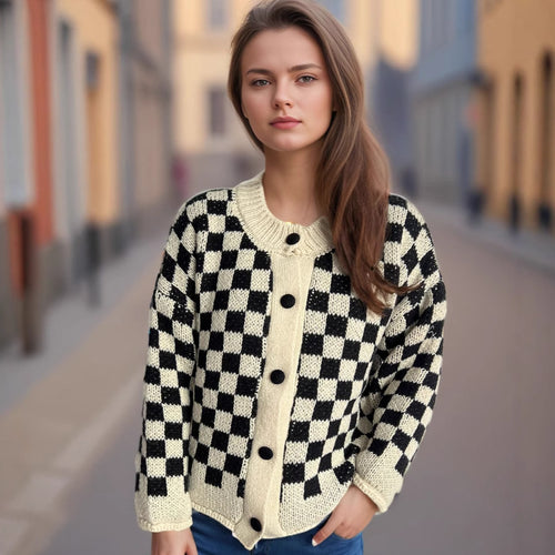 Damen gemusterte Strickjacke mit großen Knöpfen und lockerem Schnitt Drune