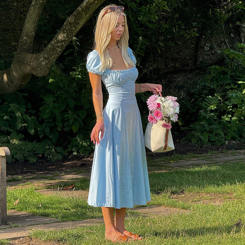 Damen Maxi-Kleid mit voluminösen Puffärmeln und elastischem Ausschnitt Drune