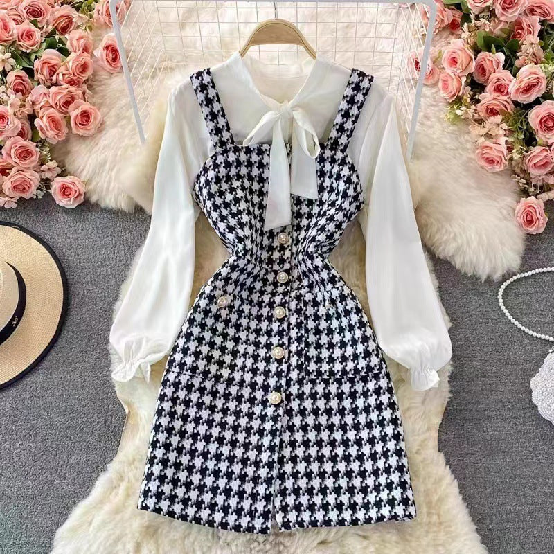 Drune | Satz mit Latzkleid Tweed A-Linie Bluse mit Schleife und Puffärmeln