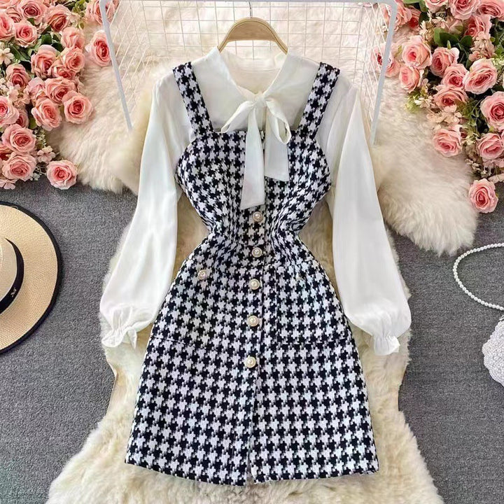 Drune | Satz mit Latzkleid Tweed A-Linie Bluse mit Schleife und Puffärmeln