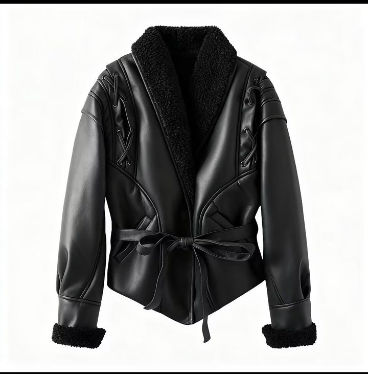 Damen Kunstlederjacke mit luxuriösem Teddyfutter und kunstvollen Schnürdetails Drune