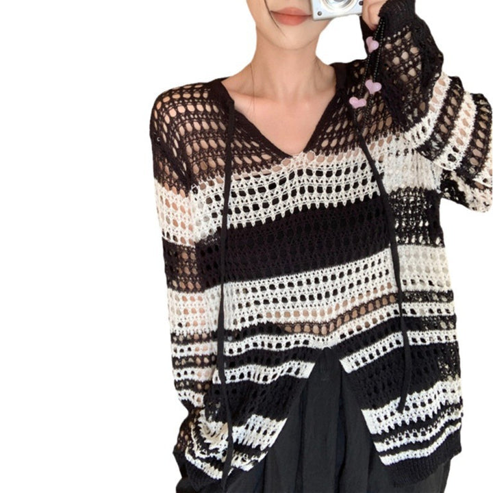 Damen luftiger Strickpullover mit modernem Netzdesign und langen Ärmeln Drune