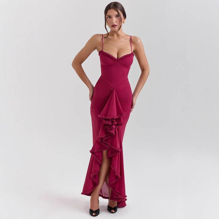 Damen Elegantes Maxikleid mit Rüschendetails und figurbetonendem Schnitt Drune