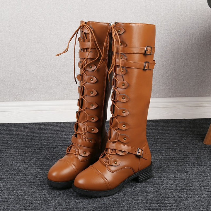 Damen  kniehohe Schnürstiefel mit seitlichem Reißverschluss, verstellbaren Zierriemen und profilierter Gummisohle Drune