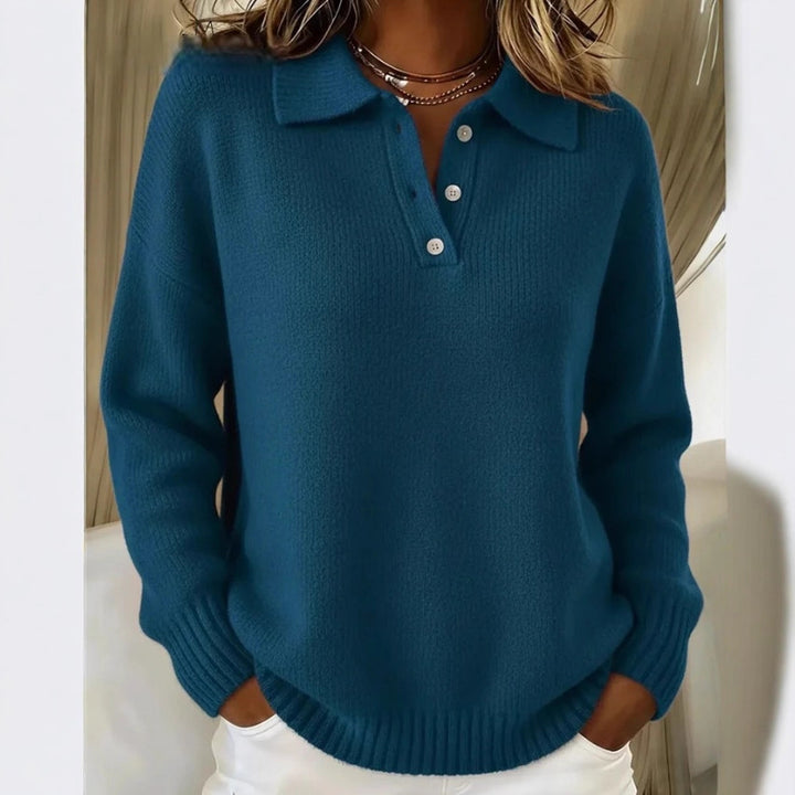 Damen nan kuscheliger Polokragenpullover mit kurzer Knopfleiste und gerippten Bündchen Drune
