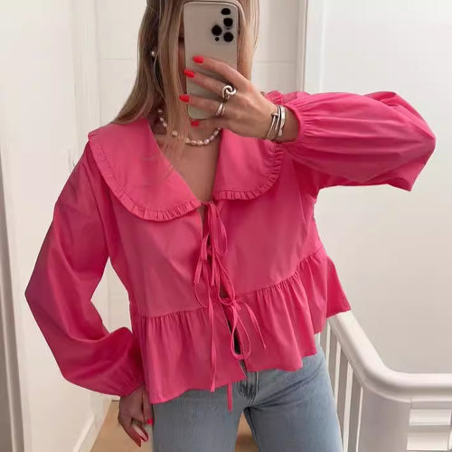 Damen verspielte Bluse mit Rüschensaum und Schleifenverschluss Drune