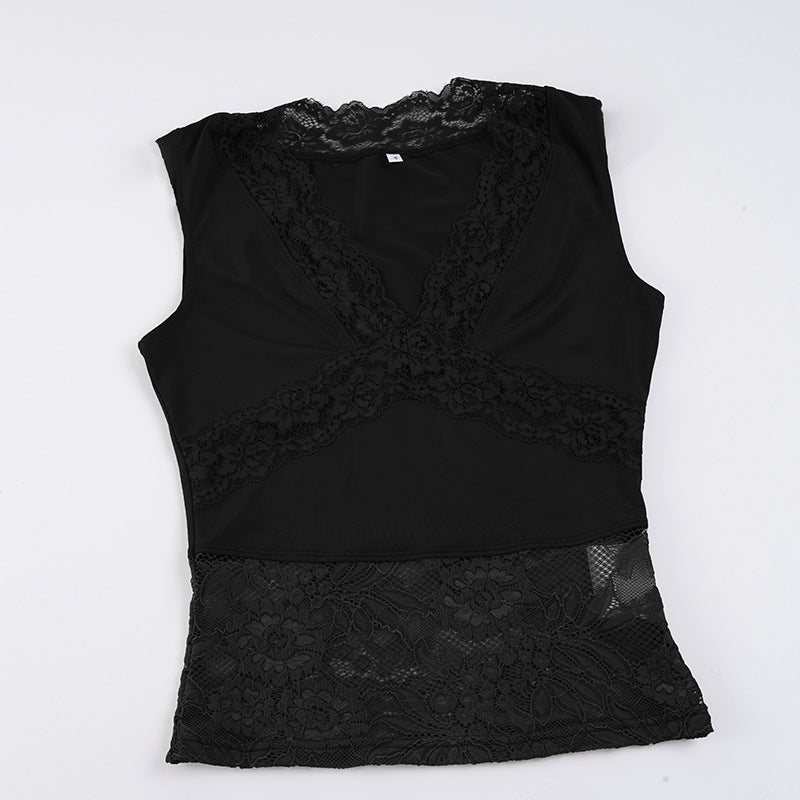 Damen-Spitzen-Tanktop mit tiefem V-Ausschnitt und dekorativen Rüschendetails Drune