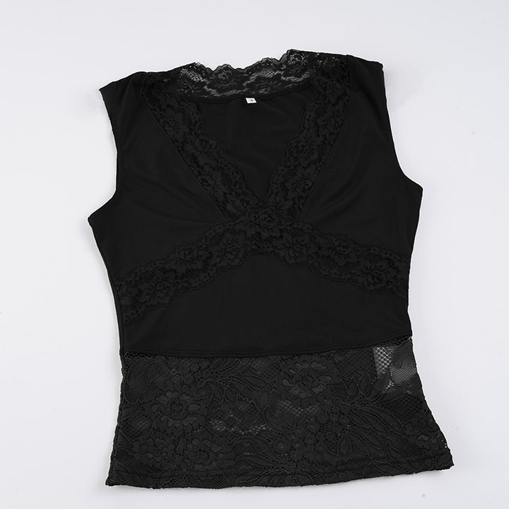 Damen-Spitzen-Tanktop mit tiefem V-Ausschnitt und dekorativen Rüschendetails Drune