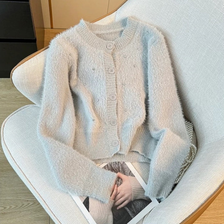 Damen elegante Strickjacke mit trendigen Perlenakzenten Drune