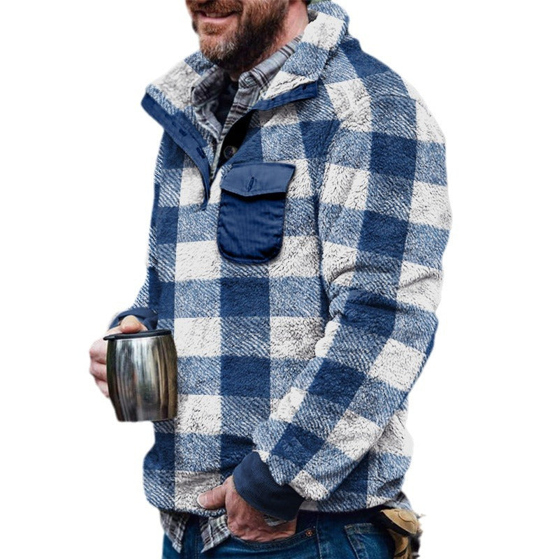 Herren Fleece-Pullover mit Karomuster und Hohem Kragen Drune
