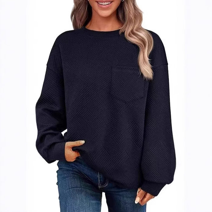 Damen lässiger Sweatshirt mit strukturiertem Design und aufgesetzter Brusttasche Drune